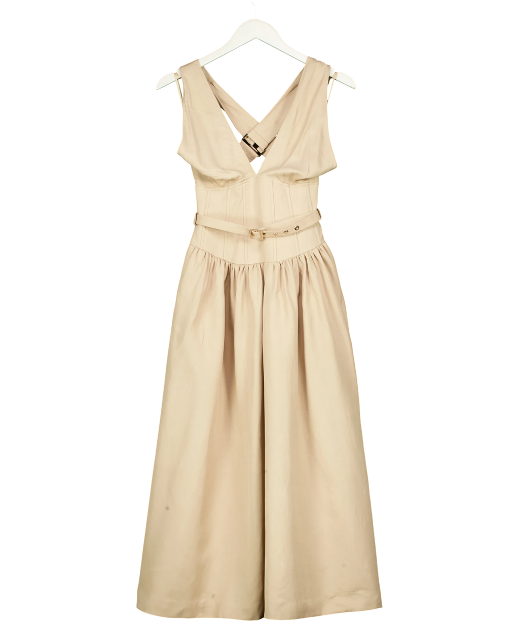 KAREN MILLEN Beige Viscose-Linen Corset-Detail Midi Dress, size UK 6 — front