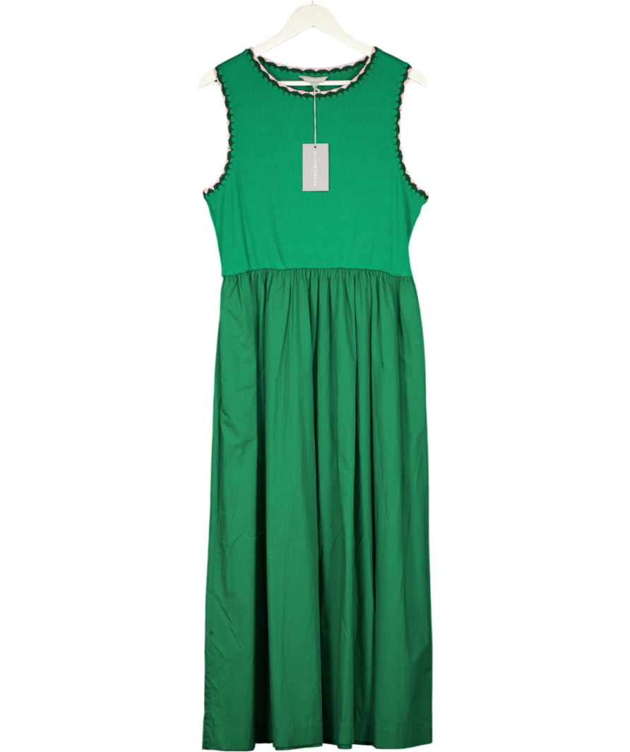 Oliver Bonas Green & Pink Crochet Trim Cotton Midi Dress UK 8