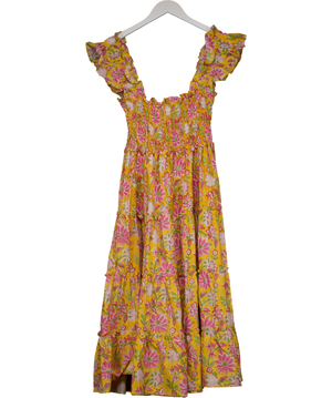 COAST & COUNTRY Yellow Floral 100% Cotton Shirred Midi Dress UK XS/S