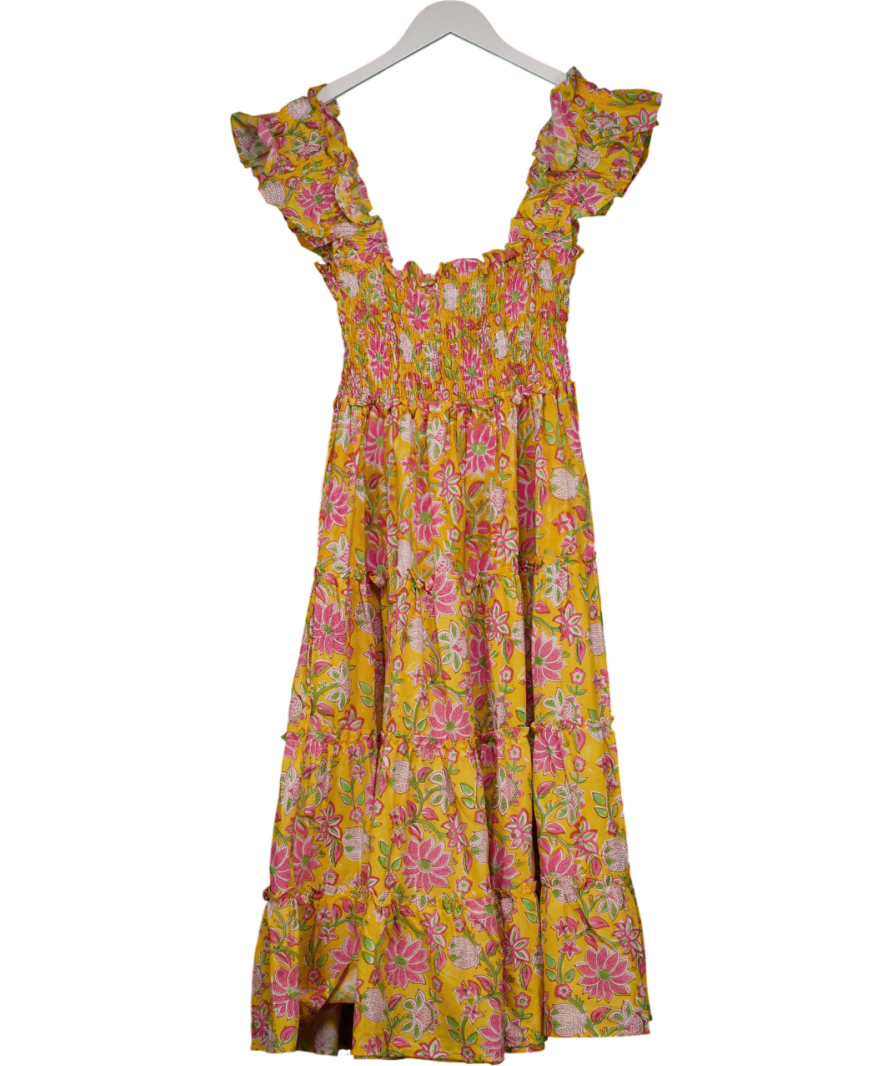 COAST & COUNTRY Yellow Floral 100% Cotton Shirred Midi Dress UK XS/S