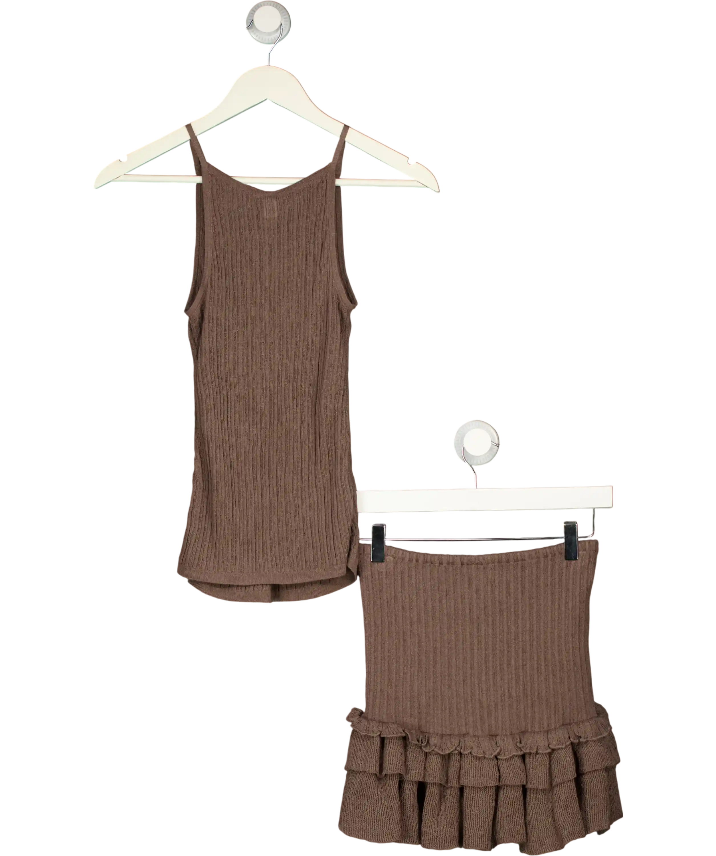 SKIMS Sheer Knit Tank And Ruffle Mini Skirt Amethyst Brown  Set UK XS