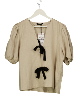 ZARA Beige Linen Blend Tie Blouse UK M
