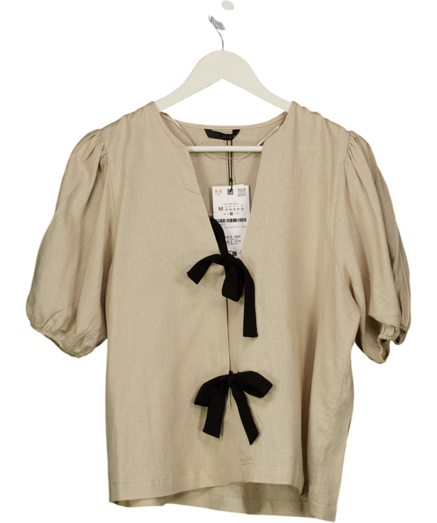 ZARA Beige Linen Blend Tie Blouse UK M
