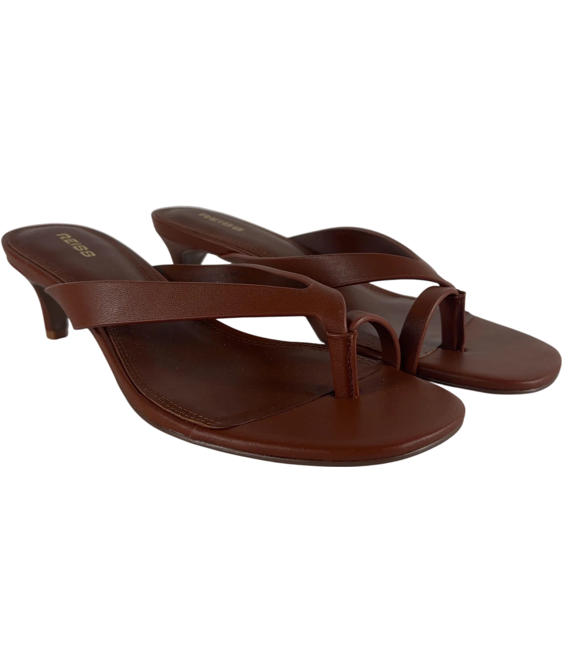 REISS Brown Mia Smooth Leather Kitten Heel Thong Sandals Brown, size UK 5 EU 38 👠 — front