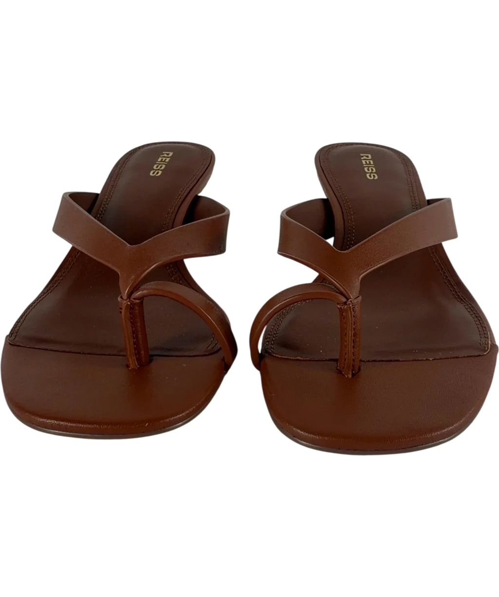 REISS Mia Smooth Leather Kitten Heel Thong Sandals Brown UK 5 EU 38 — Front (both, face on)