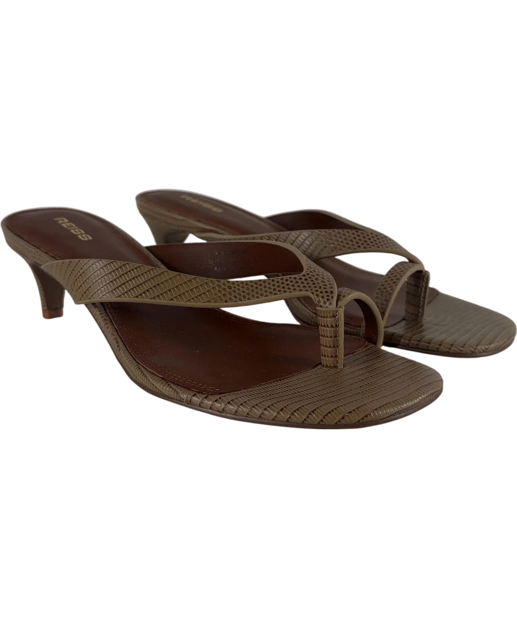 REISS Brown Mia Leather Lizard-Effect Kitten-Heel Sandals Neutral, size UK 5 EU 38 👠 — front