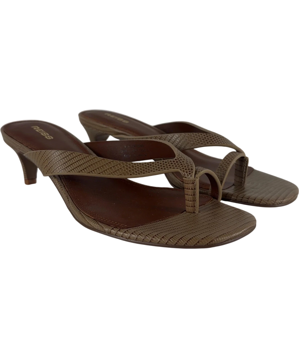 REISS Brown Mia Leather Lizard-Effect Kitten-Heel Sandals Neutral, size UK 5 EU 38 👠 — front