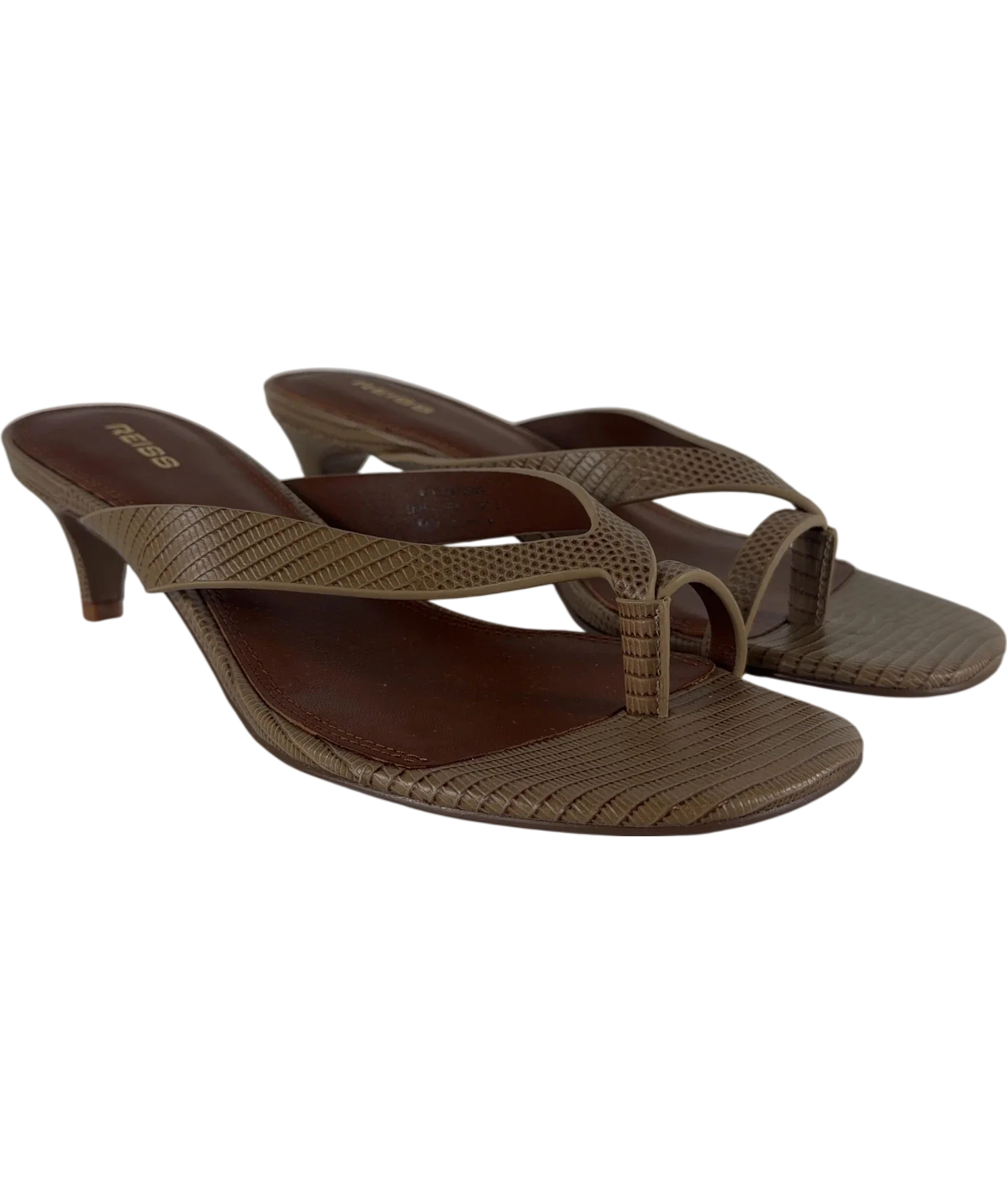 REISS Brown Mia Leather Lizard-Effect Kitten-Heel Sandals Neutral, size UK 5 EU 38 👠 — front