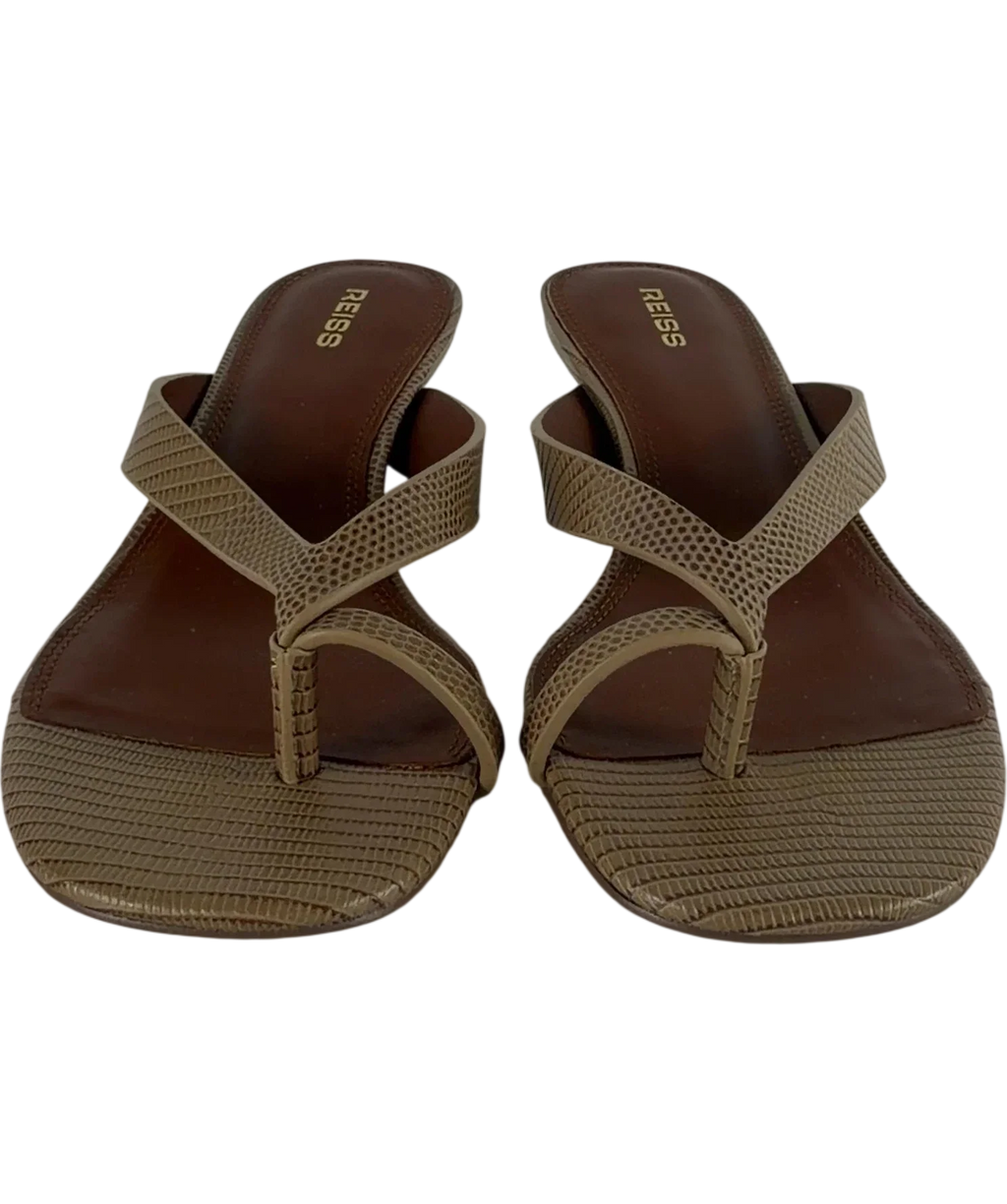 REISS Brown Mia Leather Lizard-effect Kitten-heel Sandals Neutral UK 5 EU 38 — Front (both, face on)