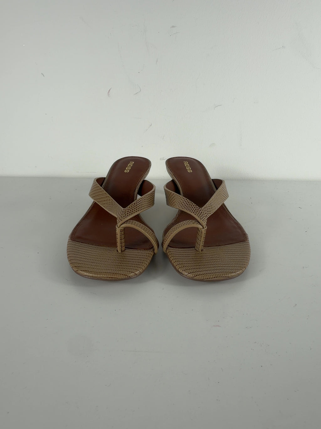 REISS Brown Mia Leather Lizard-Effect Kitten-Heel Sandals Neutral, size UK 5 EU 38 👠 — detail