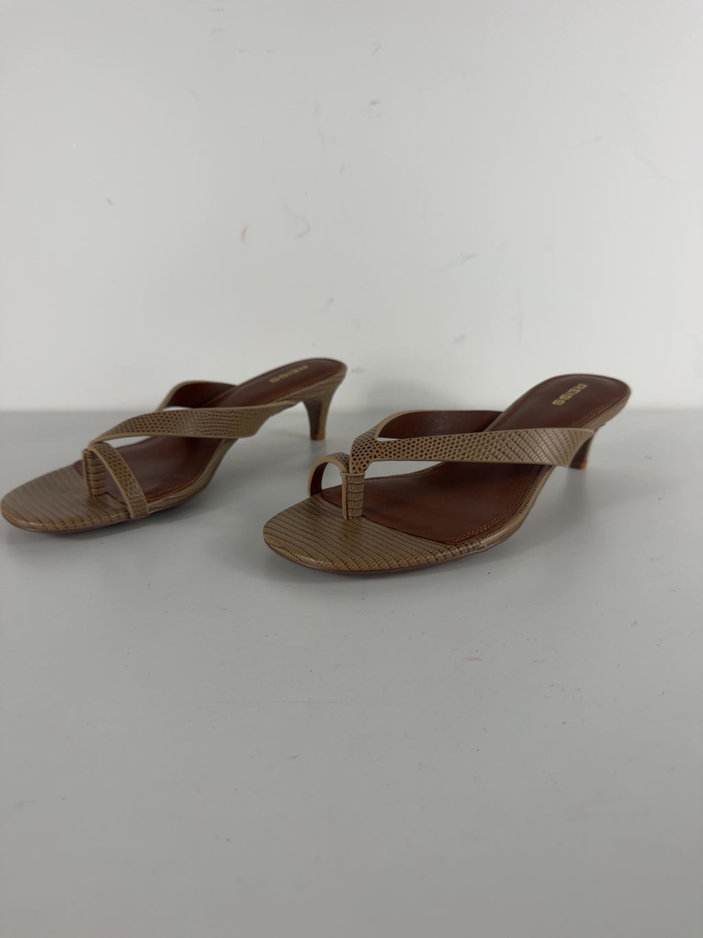 REISS Brown Mia Leather Lizard-Effect Kitten-Heel Sandals Neutral, size UK 5 EU 38 👠 — label