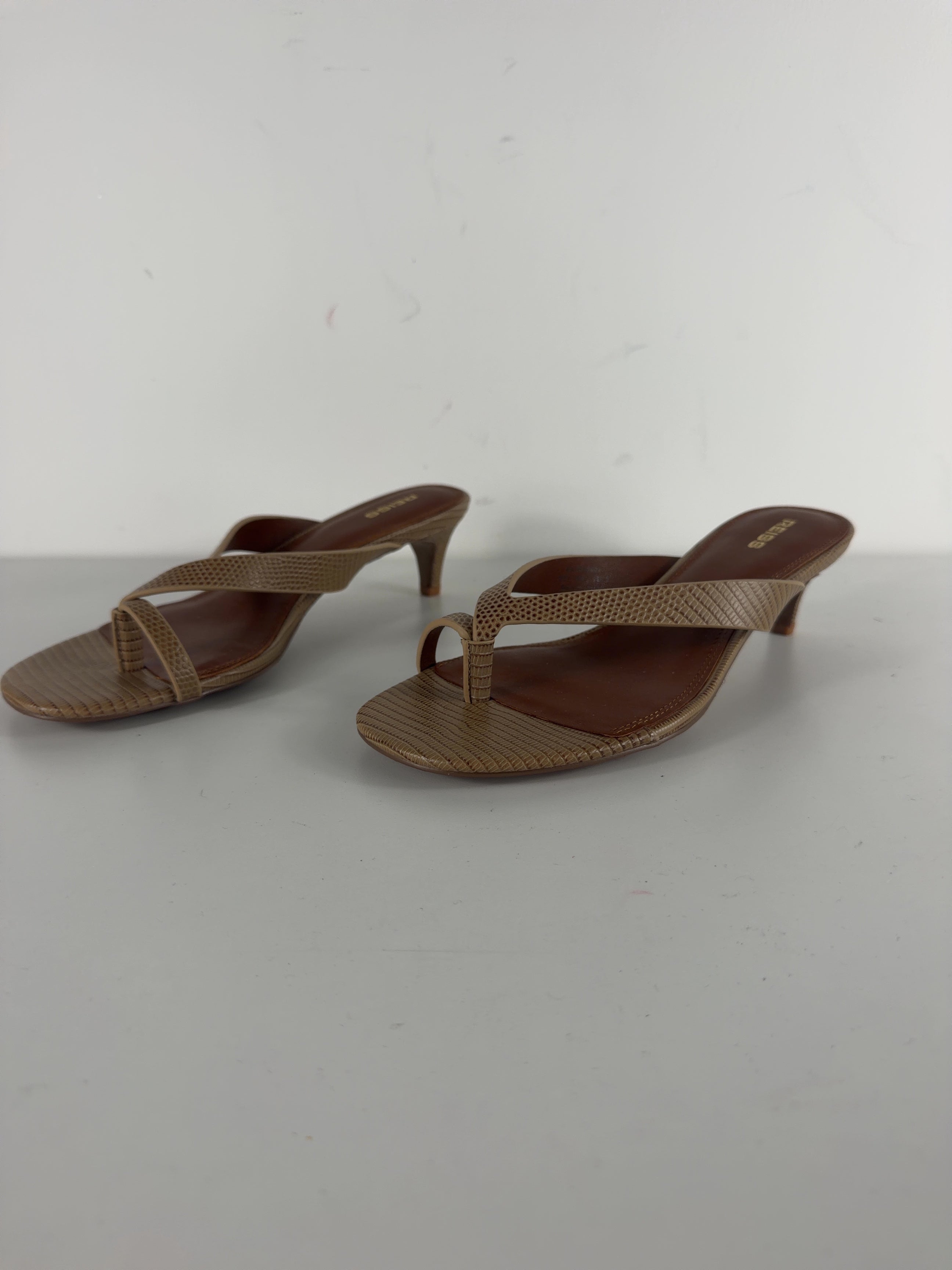 REISS Brown Mia Leather Lizard-Effect Kitten-Heel Sandals Neutral, size UK 5 EU 38 👠 — label