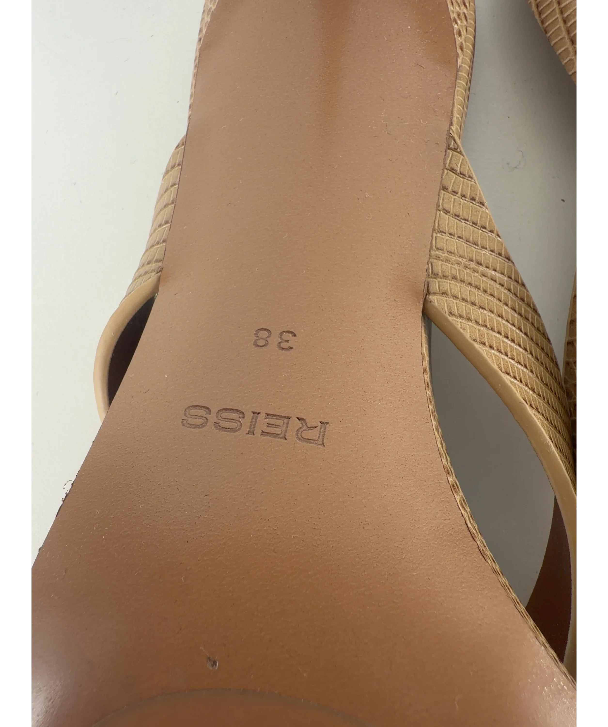REISS Brown Mia Leather Lizard-Effect Kitten-Heel Sandals Neutral, size UK 5 EU 38 👠 — care label