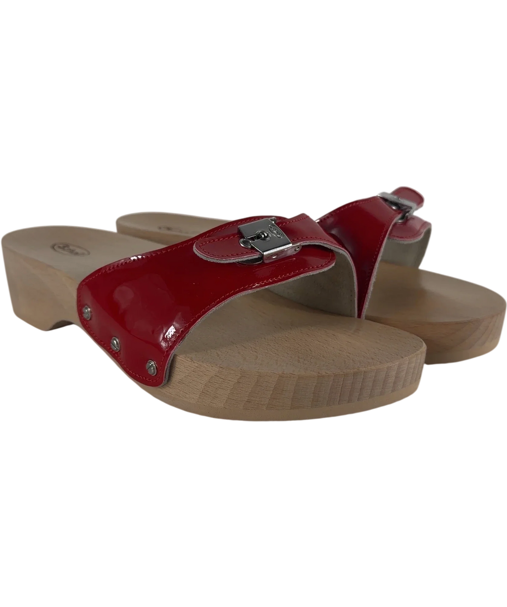 SCHOLL Red Pescura Original Patent Red Wood Clog Sandals, size UK 5 EU 38 👠 — front