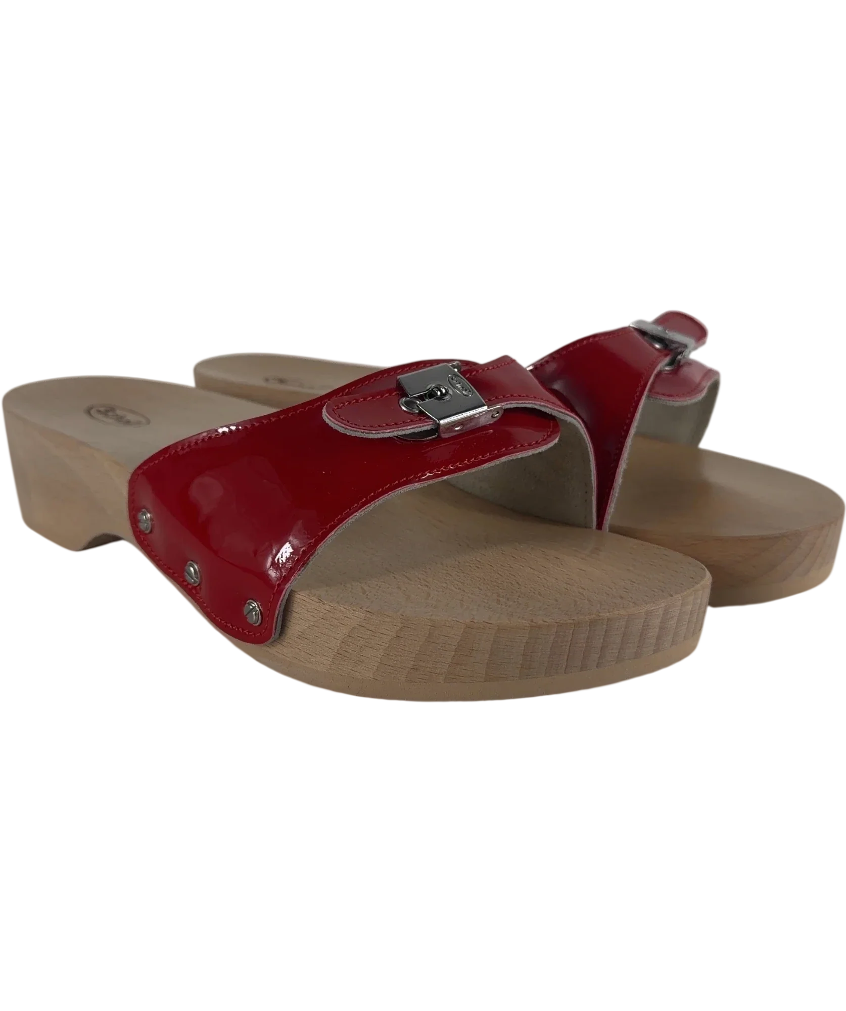 SCHOLL Red Pescura Original Patent Red Wood Clog Sandals, size UK 5 EU 38 👠 — front