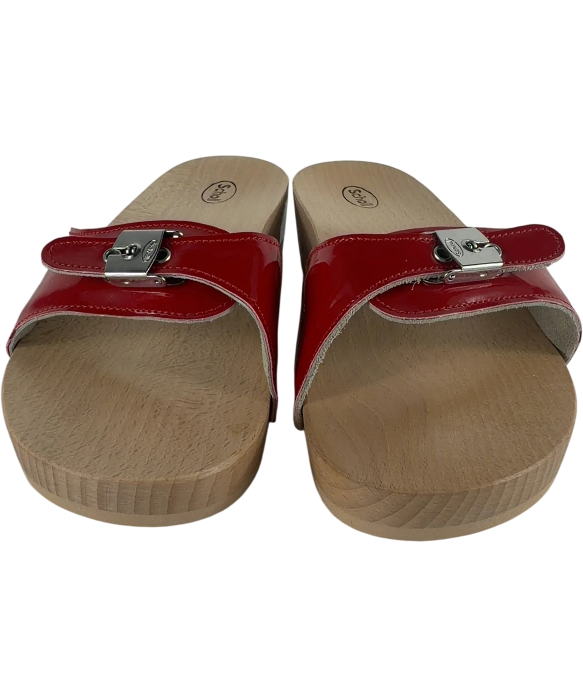 SCHOLL Pescura Original Patent Red Wood Clog Sandals UK 5 EU 38 — Front (both, face on)