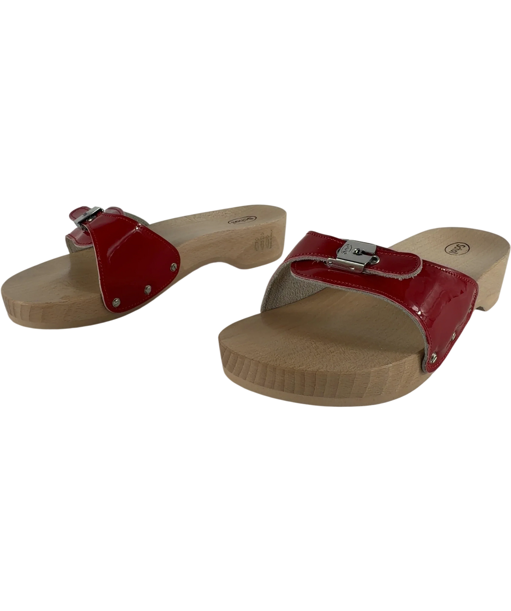 SCHOLL Red Pescura Original Patent Red Wood Clog Sandals, size UK 5 EU 38 👠 — label