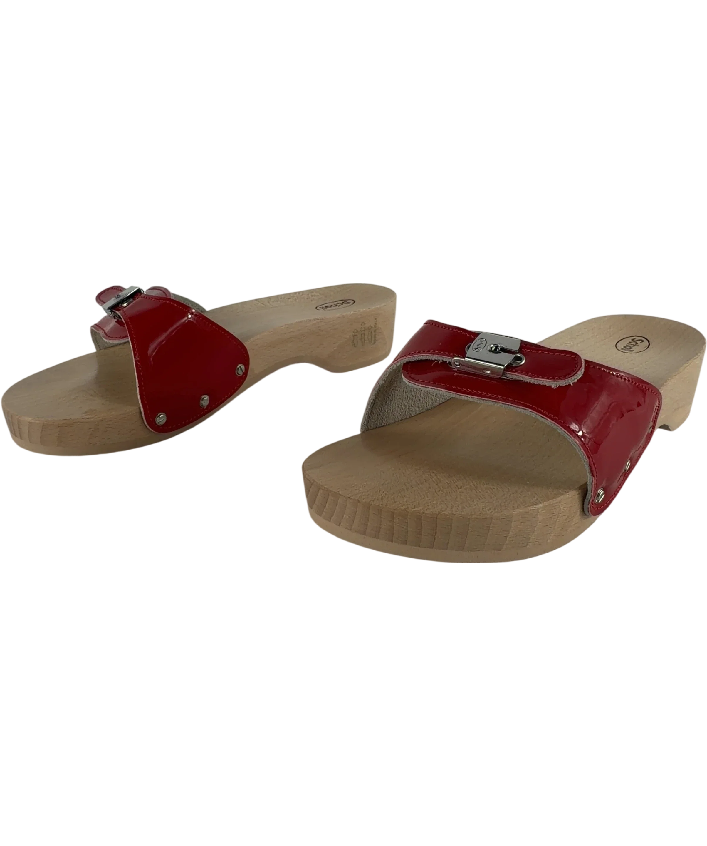 SCHOLL Red Pescura Original Patent Red Wood Clog Sandals, size UK 5 EU 38 👠 — label