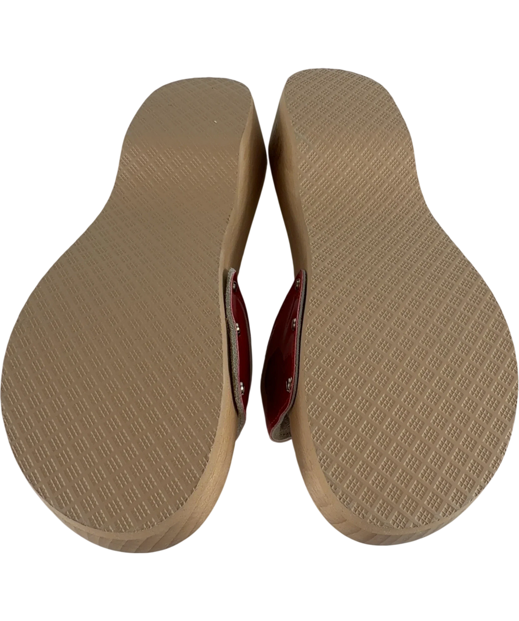 SCHOLL Red Pescura Original Patent Red Wood Clog Sandals, size UK 5 EU 38 👠 — fabric detail