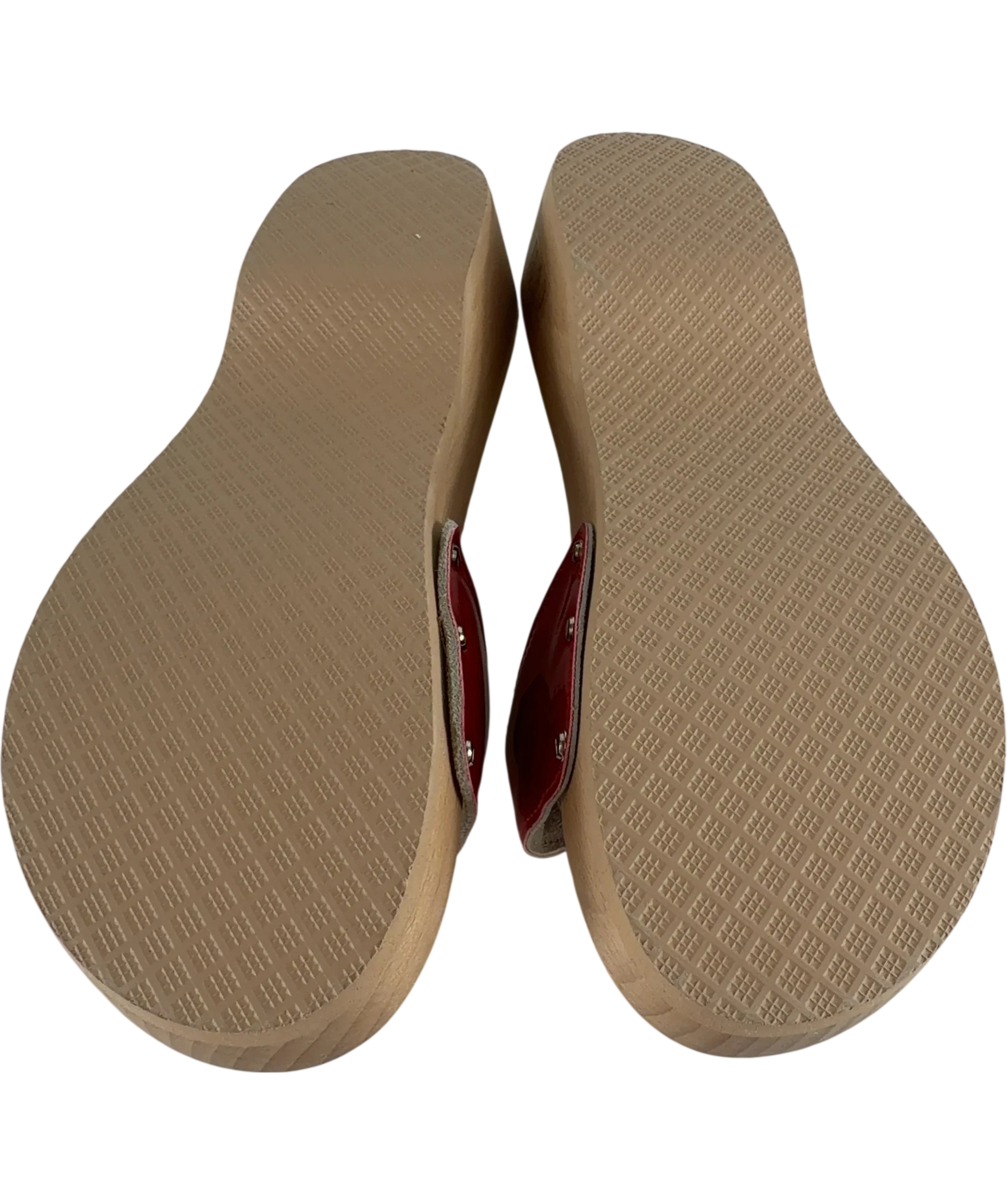 SCHOLL Red Pescura Original Patent Red Wood Clog Sandals, size UK 5 EU 38 👠 — fabric detail