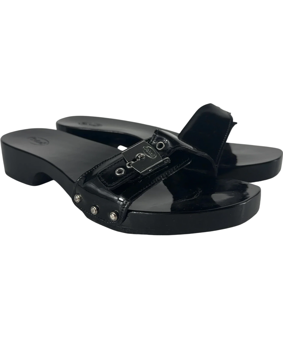 SCHOLL Black Pescura Cameron Patent Leather Wood Clog Sandals, size UK 5 EU 38 👠 — front