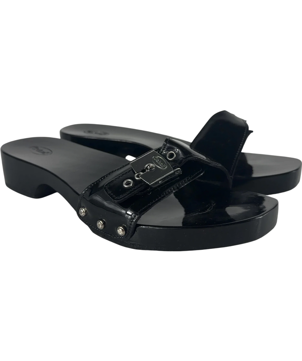 SCHOLL Black Pescura Cameron Patent Leather Wood Clog Sandals, size UK 5 EU 38 👠 — front