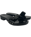 SCHOLL Black Pescura Cameron Patent Leather Wood Clog Sandals, size UK 5 EU 38 👠 — front