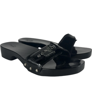 SCHOLL Black Pescura Cameron Patent Leather Wood Clog Sandals UK 5 EU 38