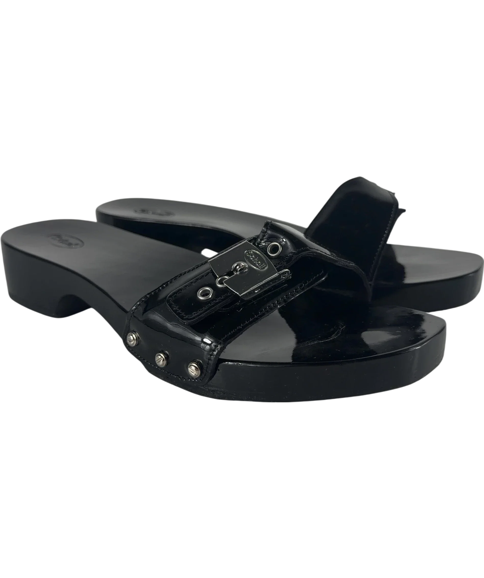 SCHOLL Black Pescura Cameron Patent Leather Wood Clog Sandals, size UK 5 EU 38 👠 — front