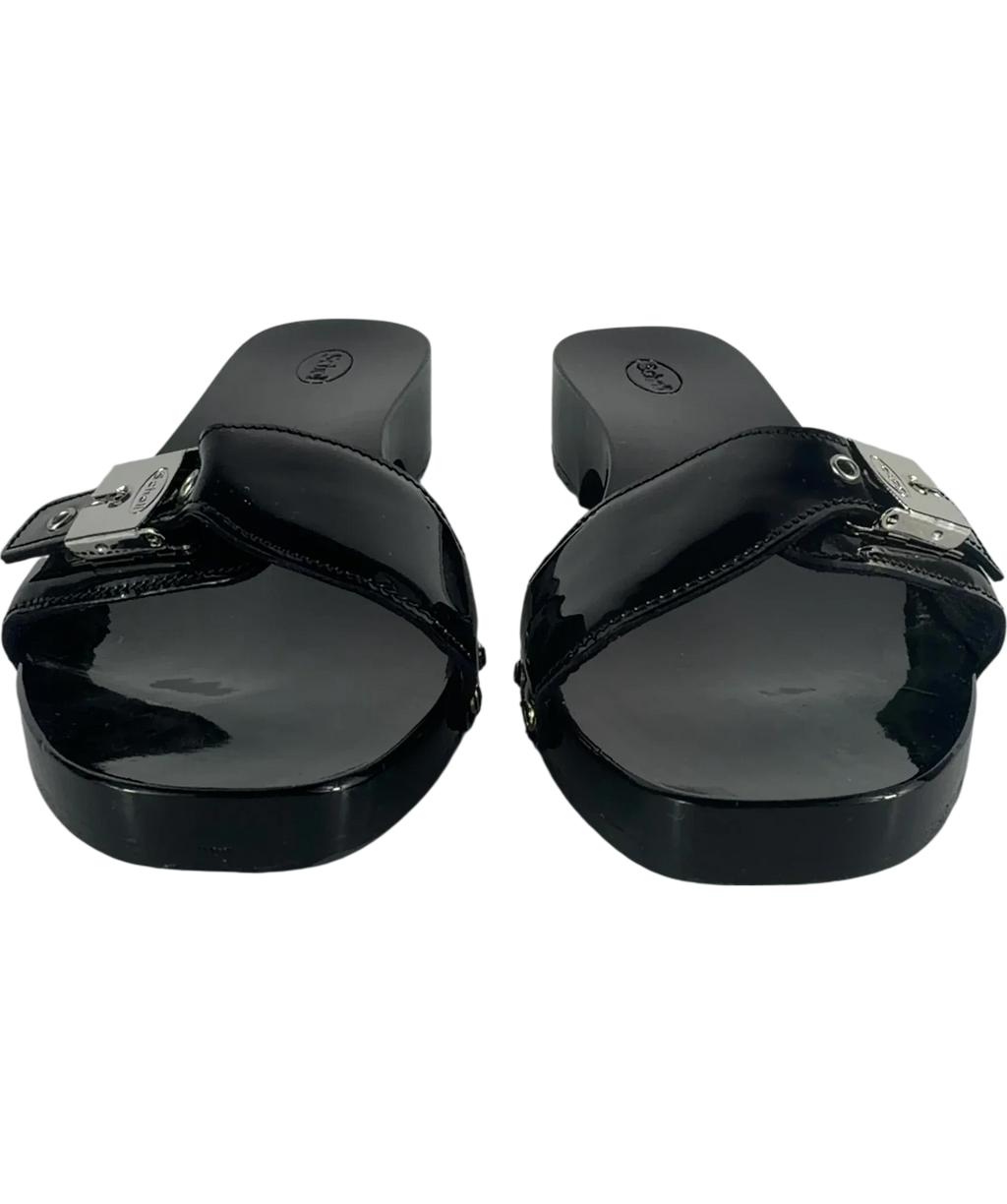 SCHOLL Black Pescura Cameron Patent Leather Wood Clog Sandals, size UK 5 EU 38 👠 — detail