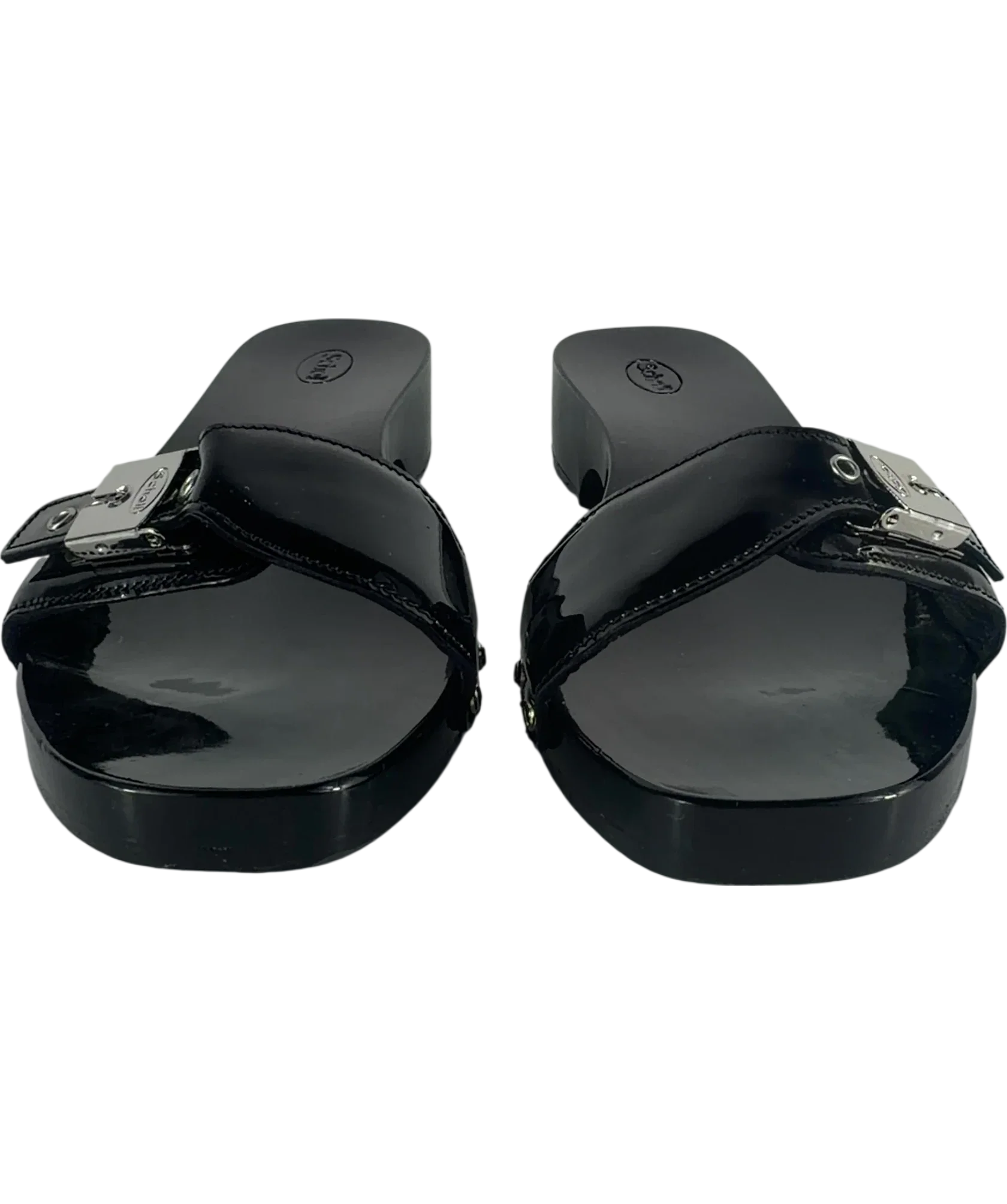 SCHOLL Black Pescura Cameron Patent Leather Wood Clog Sandals, size UK 5 EU 38 👠 — detail