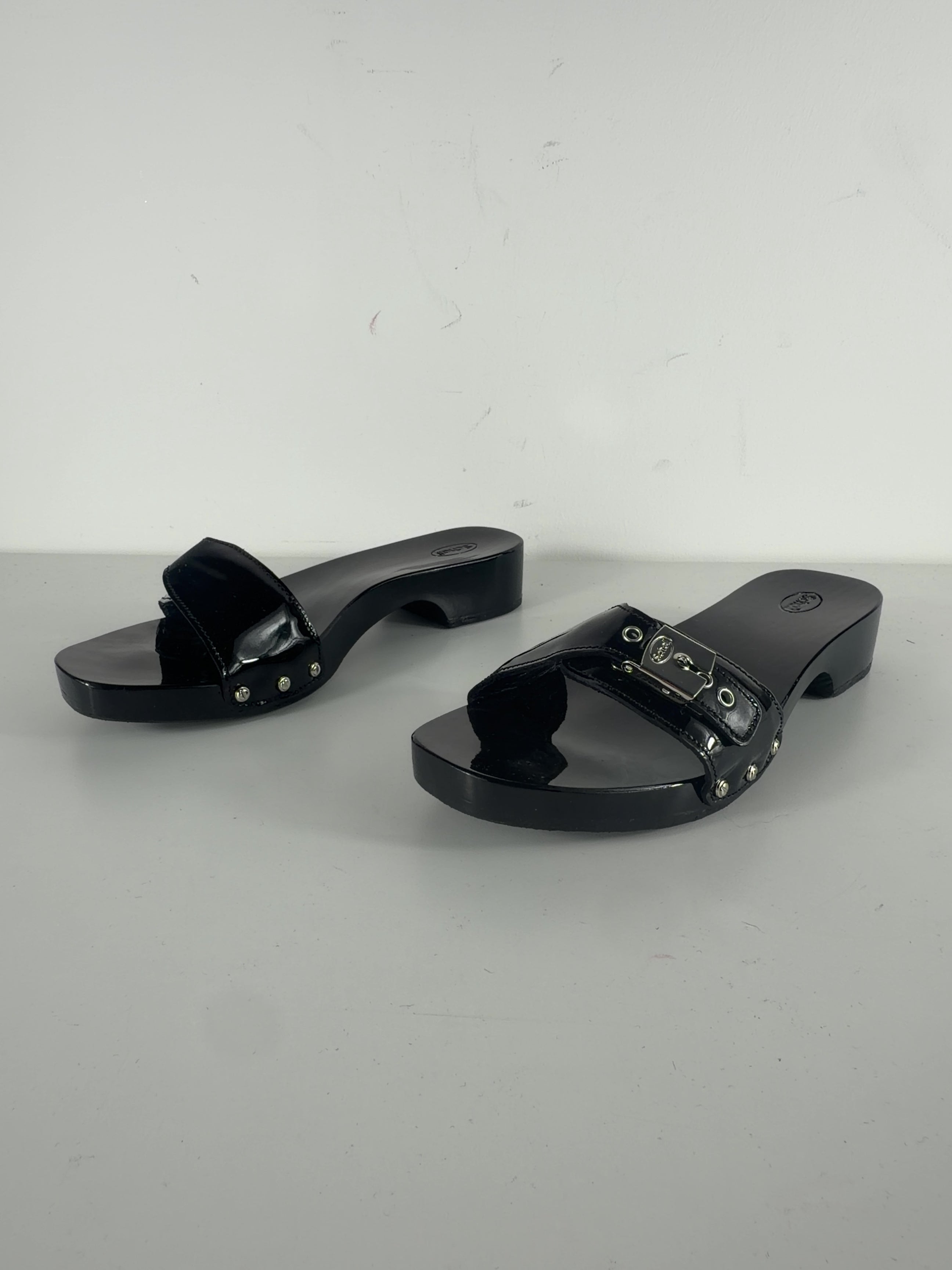 SCHOLL Black Pescura Cameron Patent Leather Wood Clog Sandals, size UK 5 EU 38 👠 — label