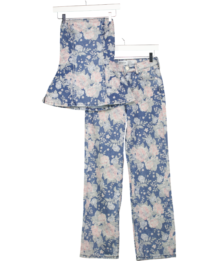 RIVER ISLAND 2-piece Blue Blue Denim Floral Bandeau Top & Relaxed Straight Jeans Set UK 6