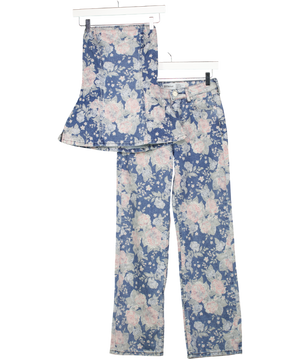 RIVER ISLAND 2-piece Blue Blue Denim Floral Bandeau Top & Relaxed Straight Jeans Set UK 6