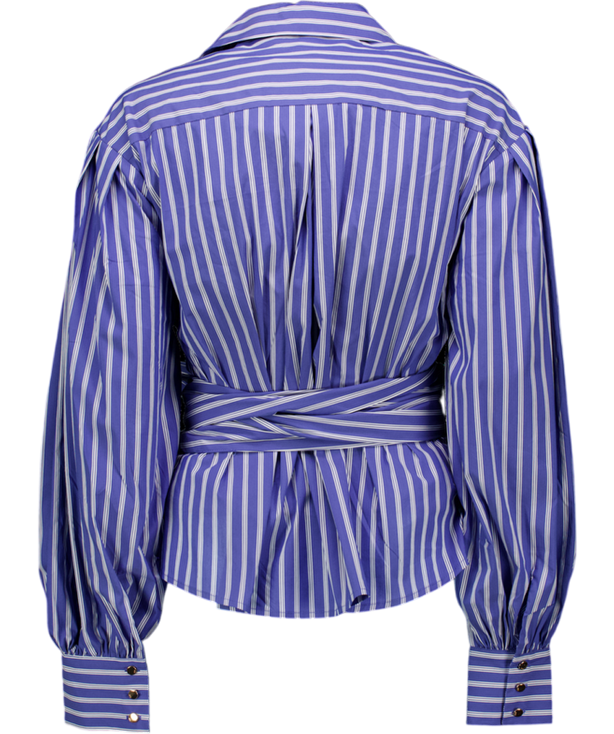 Karen Millen Blue Stripe Cotton Poplin Drama Sleeve Woven Wrap Detail Blouse UK 10
