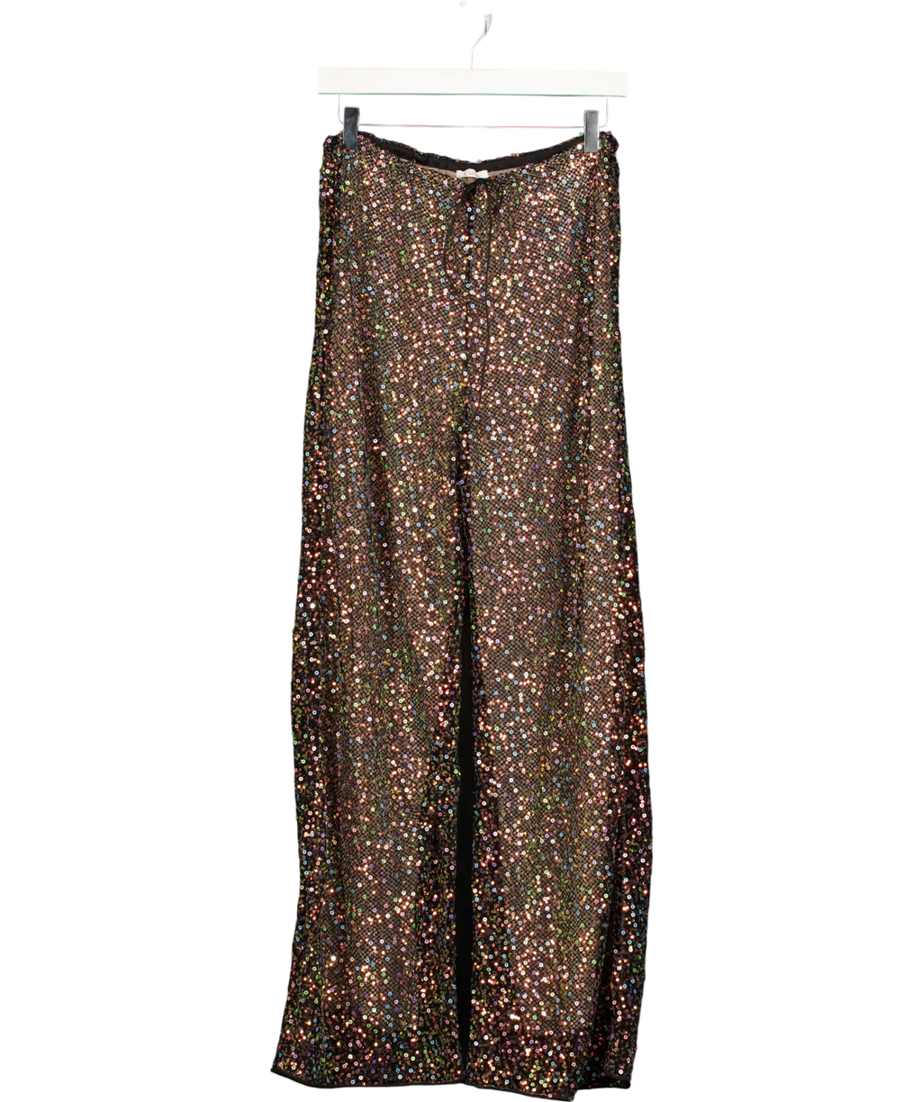 OSEREEE Metallic Black Mesh Sequin Wide Leg Trousers UK S