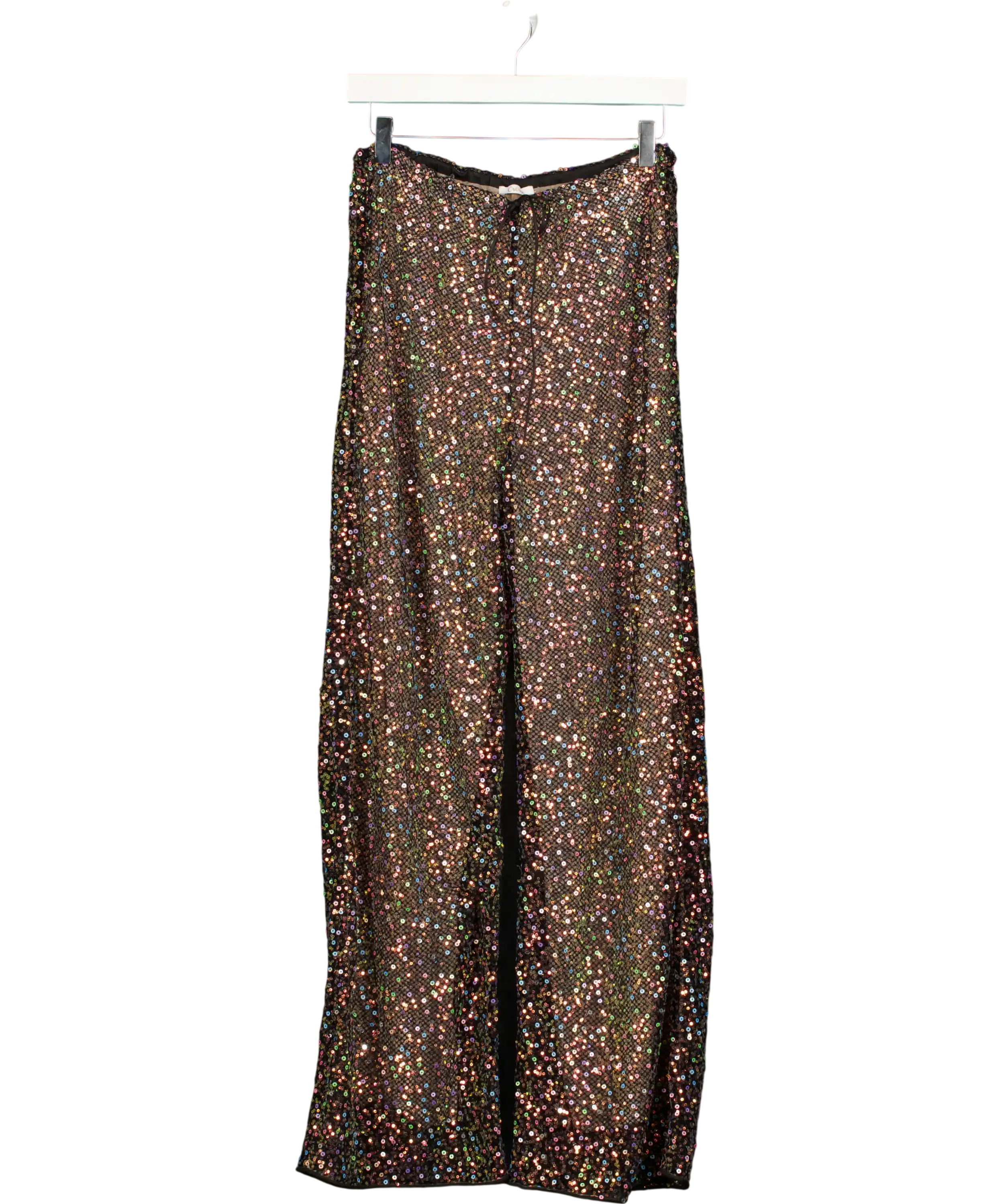OSEREEE Metallic Black Mesh Sequin Wide Leg Trousers UK S
