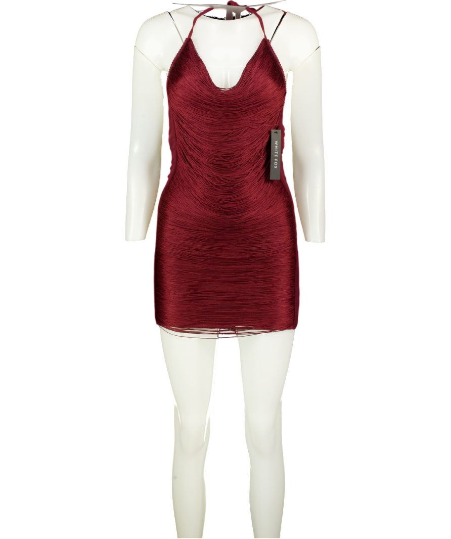 WHITE FOX Reckless Glamour Fringe Mini Dress Burgundy Red UK XS