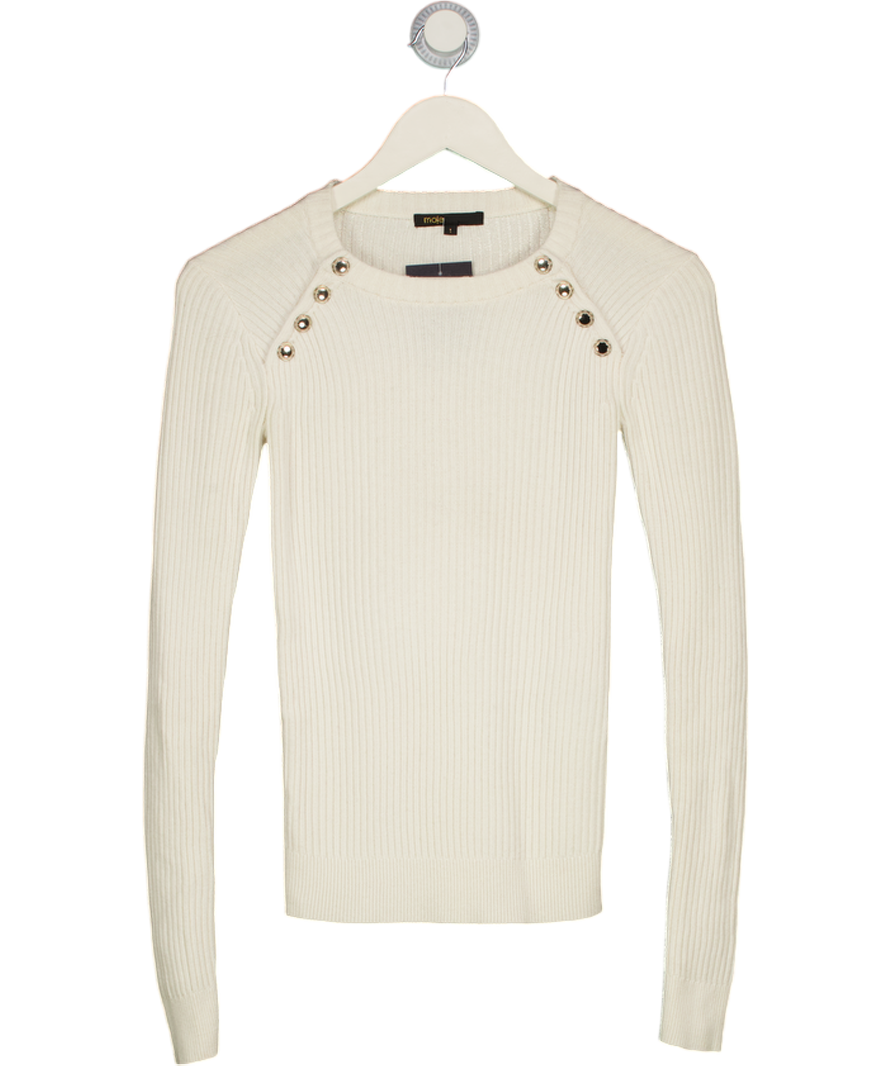 MAJE Ecru White Ribbed Button Detail Jumper Sz1 UK 8