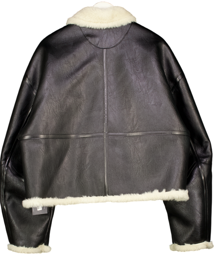 FLEUR Black Leather Fur Lined Aviator Jacket UK L