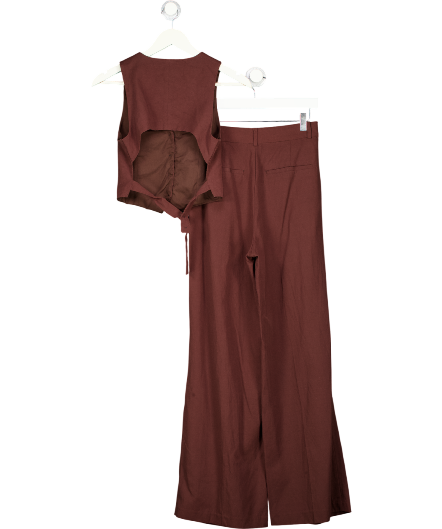 ZARA 2-piece Chocolate Brown Linen Blend Open Back Waistcoat & Trouser Set UK XS