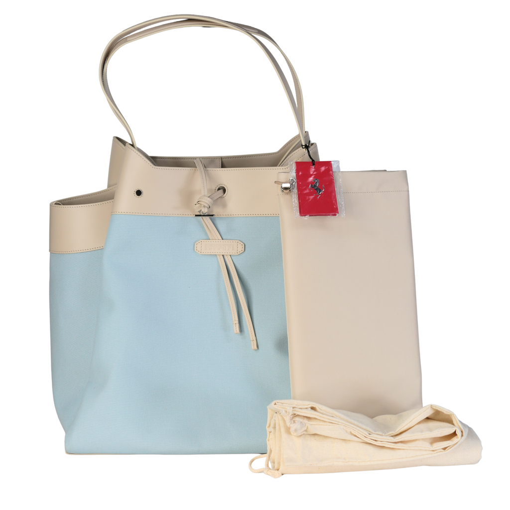Ferrari X Charles Leclerc Large Tote Bag In Blue Canvas And Stone Leather