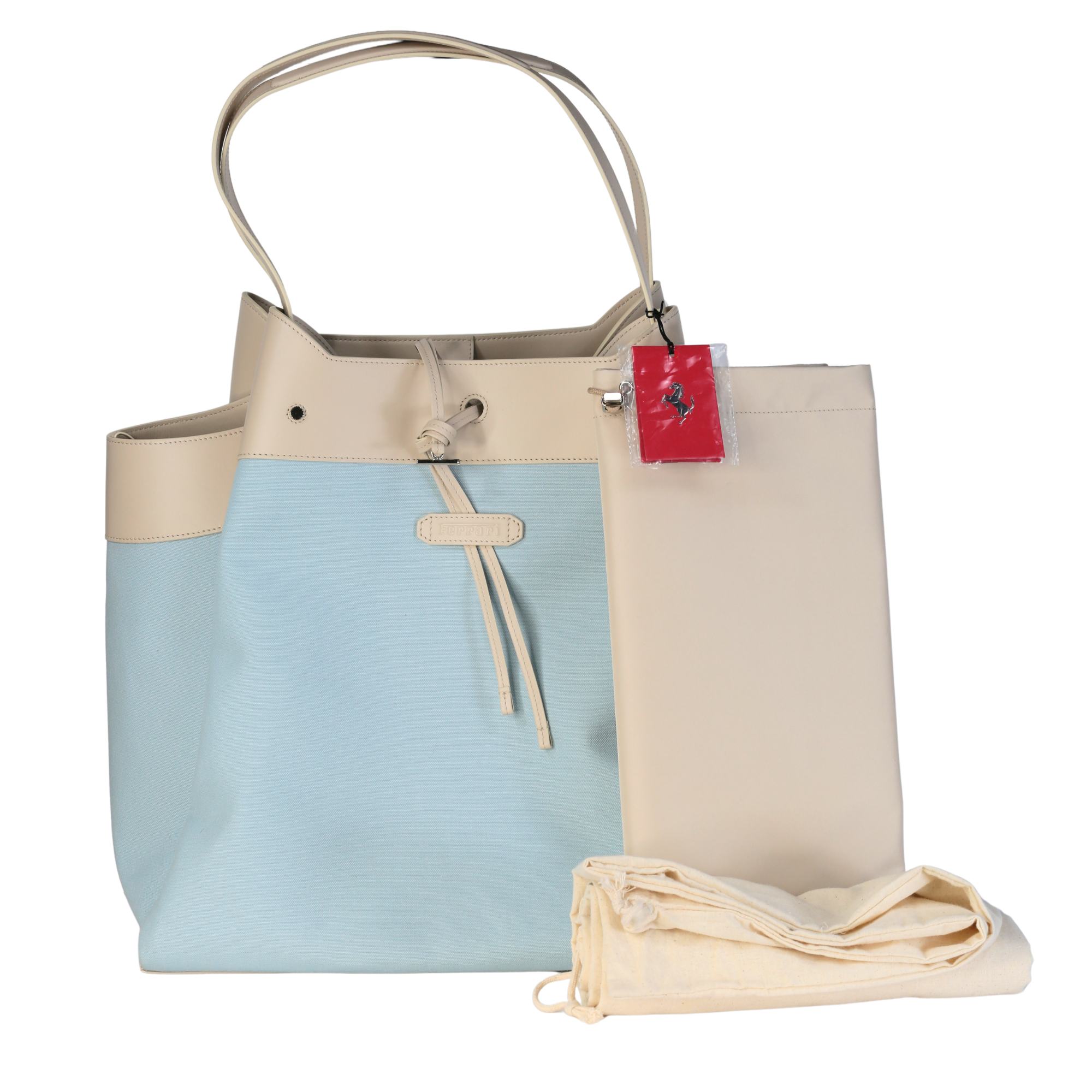 Ferrari X Charles Leclerc Large Tote Bag In Blue Canvas And Stone Leather