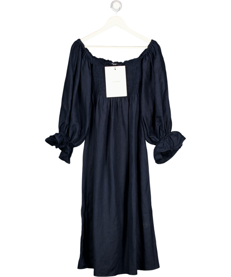 SLEEPER Navy Blue 100% Linen Atlanta Shirred Bodice Dress UK M