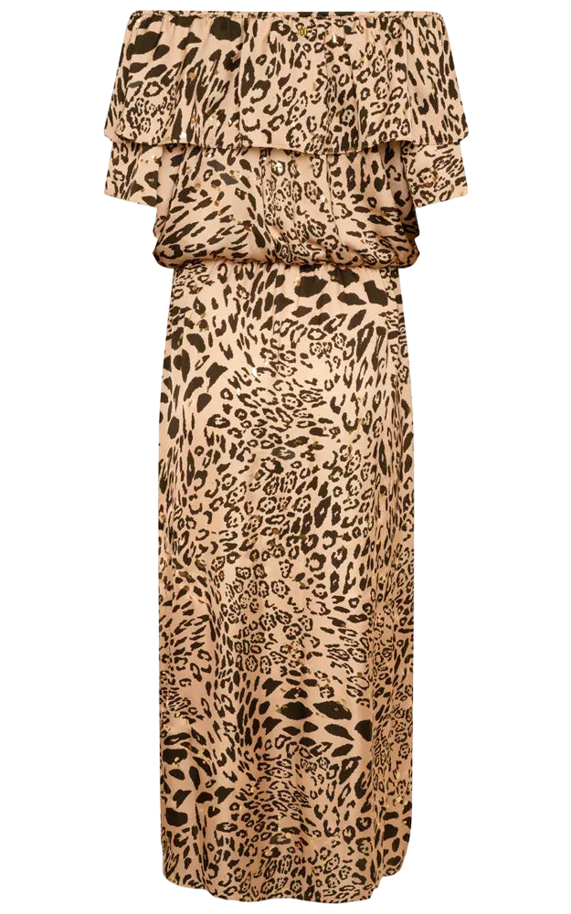 NAIA Leopard Halle Bardot Frill Maxi Dress Golden Leopard UK M