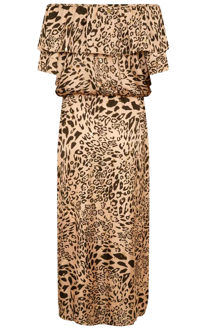 NAIA Leopard Halle Bardot Frill Maxi Dress Golden Leopard UK M