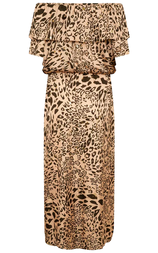 NAIA Leopard Halle Bardot Frill Maxi Dress Golden Leopard UK M