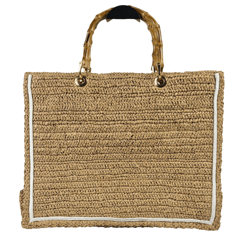 LILY & BEAN Beige Raffia Tote Beach Bag "VACAY" With Bamboo Handles