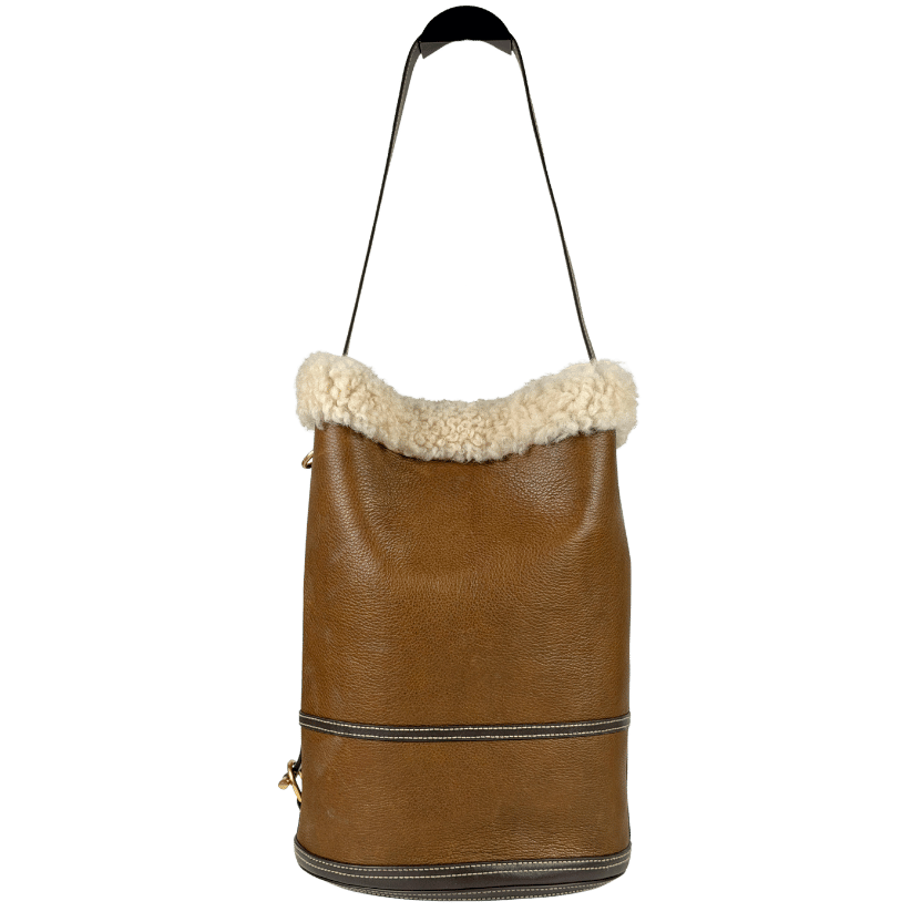 POLO RALPH LAUREN Brown Tumbled Leather Medium Shearling Bucket Bag