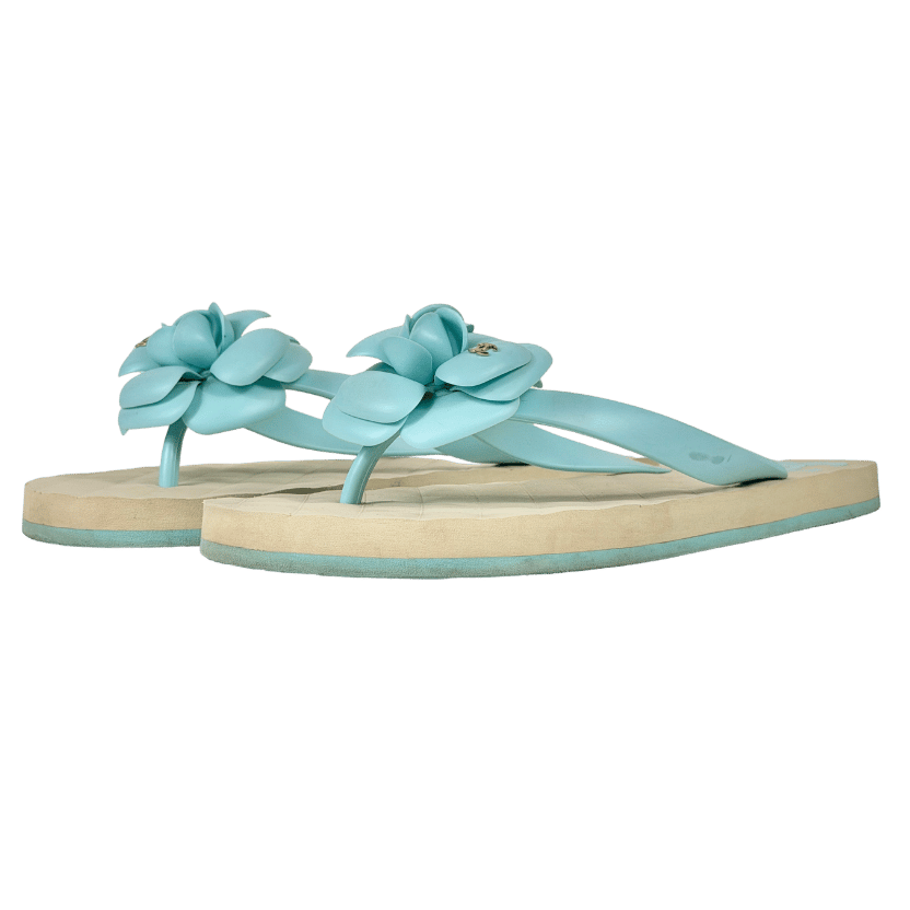 CHANEL Aqua Blue Camelia CC Flip Flops UK 6 EU 39
